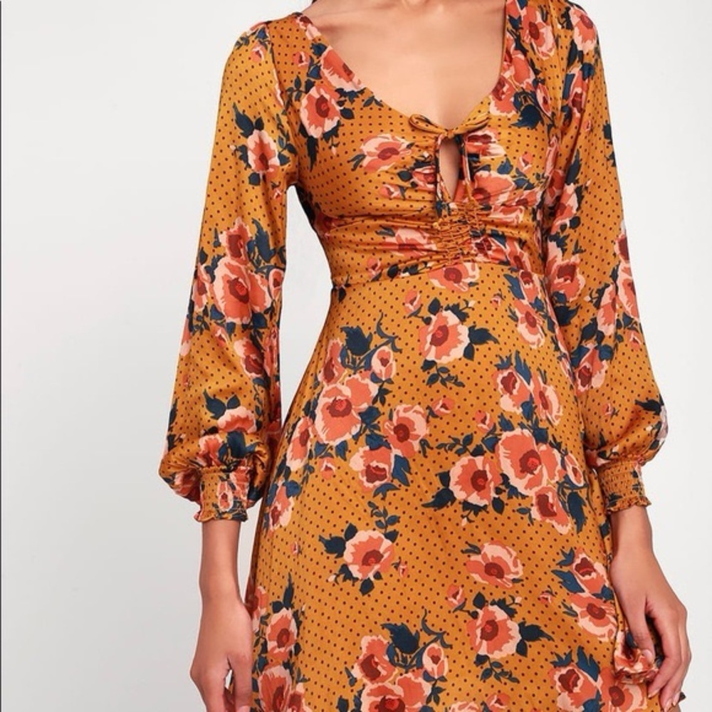 Free People Orange Floral Long Sleeve Mini  Dress